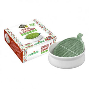 Coupelle de germination Germline en céramique blanche avec grille plastique verte, accompagnée de sa boîte d'emballage.