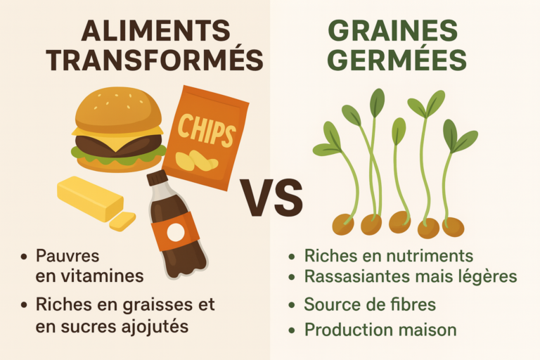 Comparaison visuelle entre des aliments transformés industriels et des graines germées maison riches en nutriments