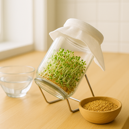 Matériel simple pour faire germer ses graines à la maison Kit de germination maison avec bocaux en verre, gaze, support incliné et graines germées sur un plan de travail en cuisine